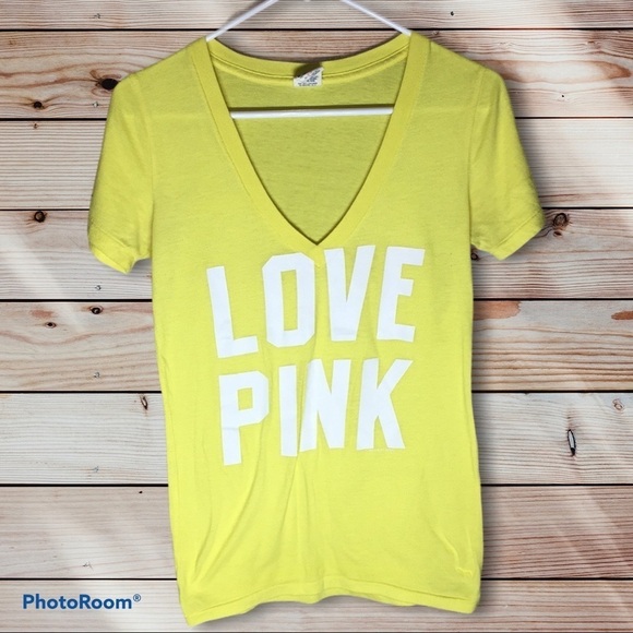 Pink Victoria’s Secret T-shirt size small yellow PINK VS SHIRT v-neck light​​ - Picture 2 of 6